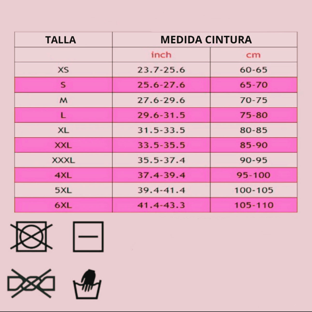 La imagen muestra una tabla de tallas para cinturillas de látex, que incluye opciones desde XS hasta 5XL. La tabla proporciona medidas correspondientes a cada talla para ayudar a seleccionar el ajuste adecuado, mostrando la información de manera clara para que los usuarios encuentren su talla correcta.